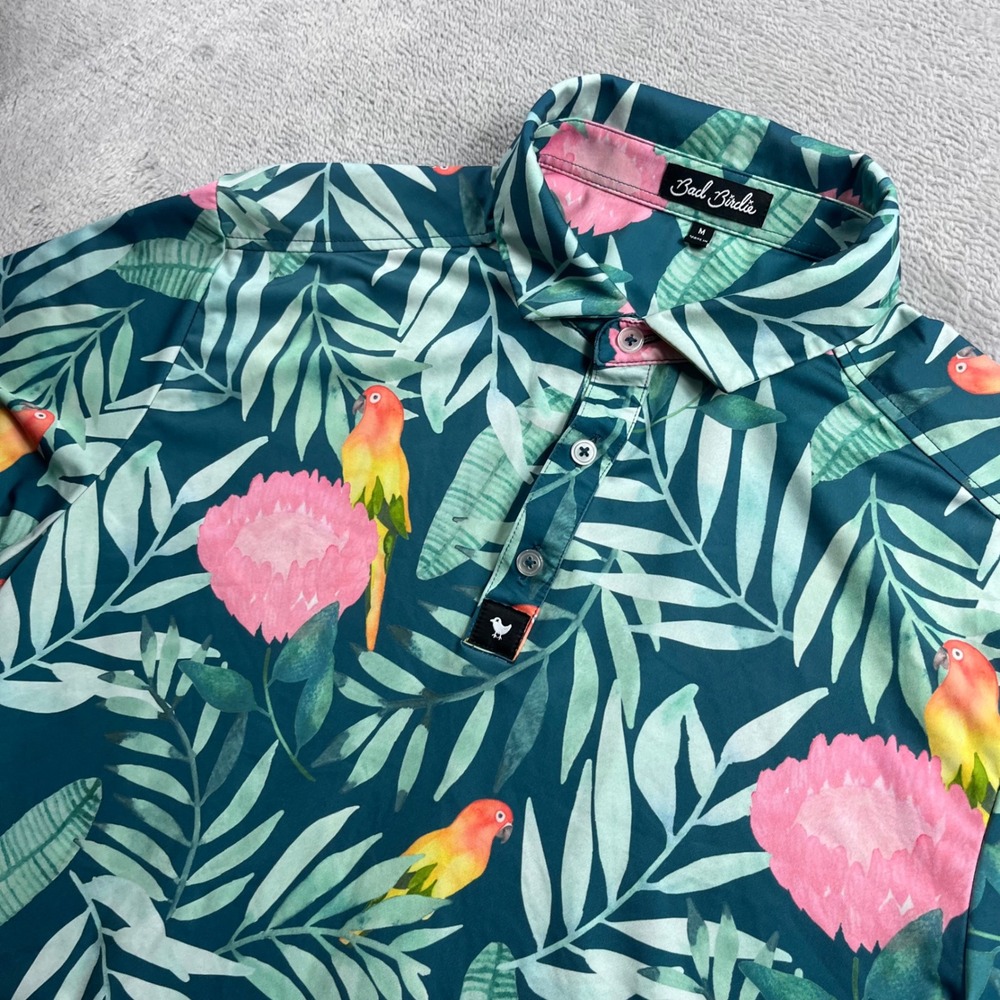 Bad Birdie Mens Golf Polo Shirt Medium Tropical Parrot Floral Teal Performance‎